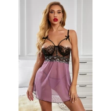 Women's Black Purple Rhinestone Decor Lace Mesh Babydoll