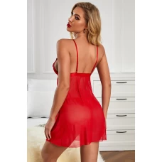 Women's Red Sheer Lace Mesh Babydoll with Thong