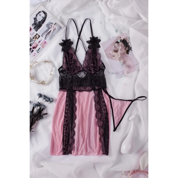 Women's Sweet Pink Lace Nightdress Babydoll