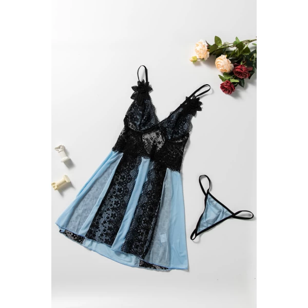 Women's Sky Blue Lace Nightdress Babydoll