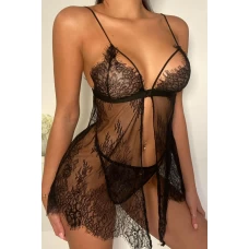 Women's Black See-through Lace Babydoll with Thong