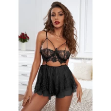 Women's Two Piece Black Strappy Backless Lace Babydoll with Thong Set