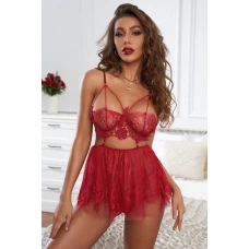 Women's Two Piece Red Strappy Backless Lace Babydoll with Thong Set
