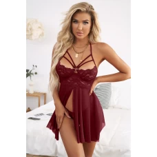 Women's Red Two Piece Lace Sheer Splicing Strappy Badydoll Set