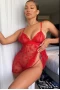 Women's Red Heart Shape Spaghetti Strap Mesh Sheer Babydoll Set