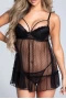 Women's Black Ruffled Swiss Dot See-through Babydoll Set