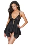 Women's Black Lace Satin Babydoll with Thong Two Piece Set