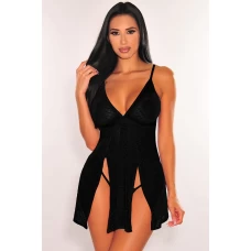 Women's Black Heart-shape Mesh Cut-out Babydoll with Thong