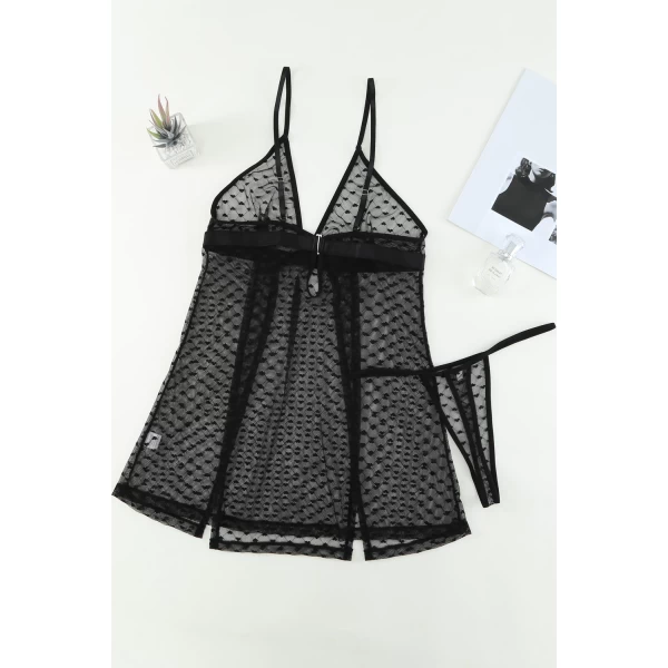 Women's Black Heart-shape Mesh Cut-out Babydoll with Thong