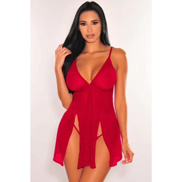 Women's Red Heart-shape Mesh Cut-out Babydoll with Thong