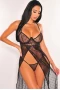 Women's Black Sheer Lace Double Splits Maxi Gown with Thong Lingerie Set