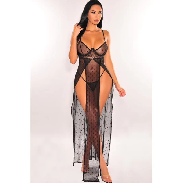 Women's Black Sheer Lace Double Splits Maxi Gown with Thong Lingerie Set