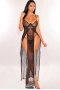 Women's Black Sheer Lace Double Splits Maxi Gown with Thong Lingerie Set