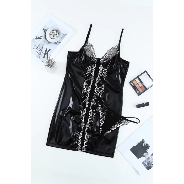 Women's Wetlook Leather Mesh Lace Crochet Chemise