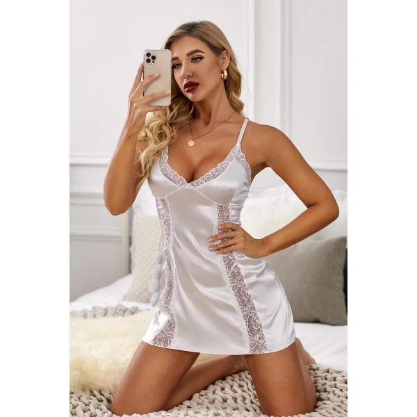 Women's Two Piece White Lace Hollow Out Satin Babydoll Set