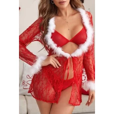 Women's Christmas Lace Fluffy Splicing Lace-up Sexy Lingerie Set