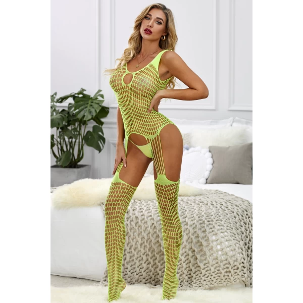 Women's Neon Green Suspender Fishnet Sleeveless Bodystocking