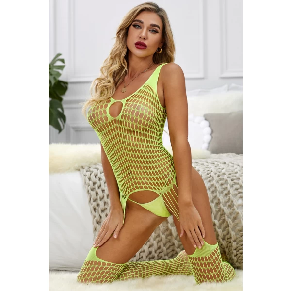 Women's Neon Green Suspender Fishnet Sleeveless Bodystocking