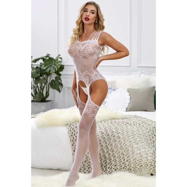 Women's White Floral Lace Garter Belt Design Bodystocking