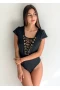 Women's Black Lace Up Cap Sleeves Bodysuit