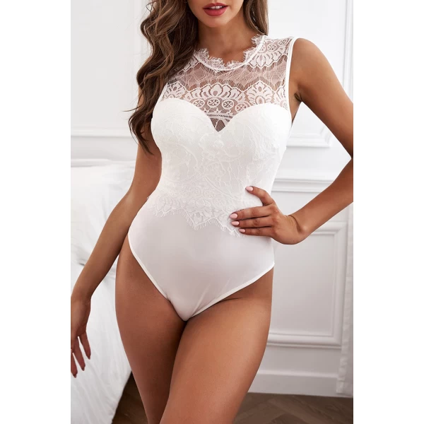 Women's White Lace High Neck Cut Out Back Bodysuit