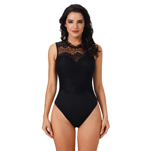 Women's Black Lace High Neck Cut Out Back Bodysuit