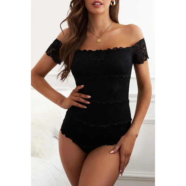 Women's Black Lace off Shoulder Bodysuit