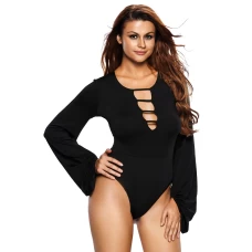 Women's Black Puff Sleeve Sexy Bodysuit