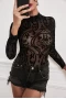 Women's Black Sheer Mesh Print Long Sleeves Bodysuit