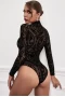 Women's Black Sheer Mesh Print Long Sleeves Bodysuit