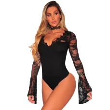 Women's Black Lace Bell Sleeves Bodysuit