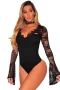 Women's Black Lace Bell Sleeves Bodysuit