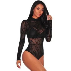 Women's Black Sheer Mesh Geometric Velvet Bodysuit