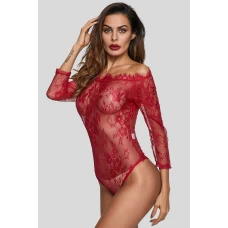 Women's Burgundy Long Sleeve Embroidery Lace Bodysuit