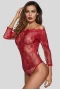 Women's Burgundy Long Sleeve Embroidery Lace Bodysuit