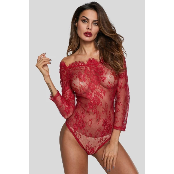 Women's Burgundy Long Sleeve Embroidery Lace Bodysuit