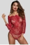 Women's Burgundy Long Sleeve Embroidery Lace Bodysuit