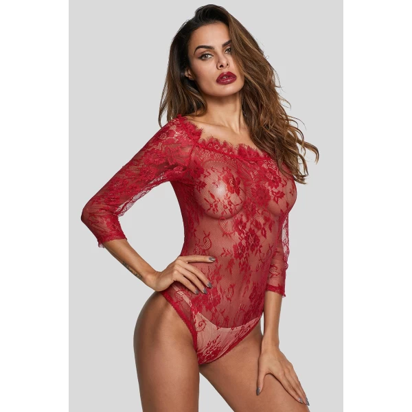 Women's Burgundy Long Sleeve Embroidery Lace Bodysuit