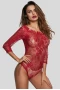 Women's Burgundy Long Sleeve Embroidery Lace Bodysuit