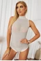 Women's White Mock Neck Sleeveless Rhinestone Bodysuit