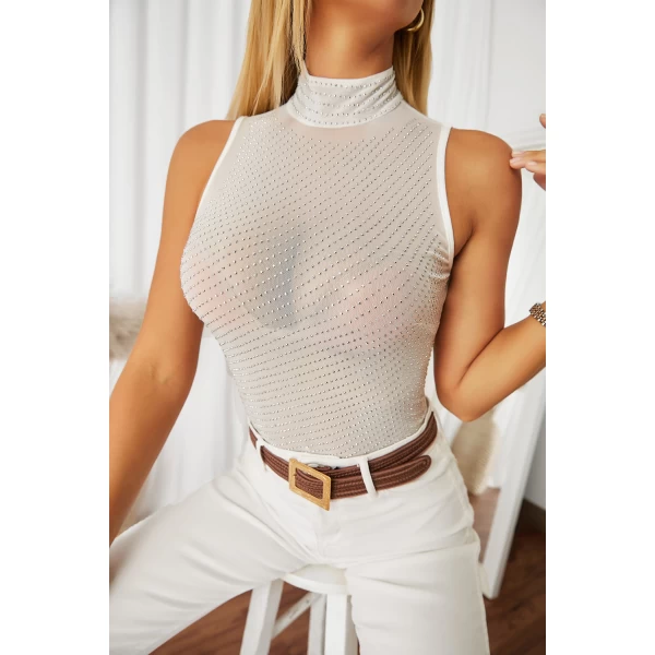 Women's White Mock Neck Sleeveless Rhinestone Bodysuit