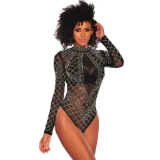 Women's Black Rhinestone Studded Mesh Long Sleeves Bodysuit