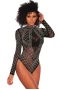 Women's Black Rhinestone Studded Mesh Long Sleeves Bodysuit