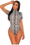 Women's Gray Snake Print Mock Neck Short Sleeves Bodysuit