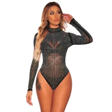 Women's Black Iridescent Silver Rhinestone Studded Mock Neck Bodysuit