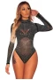 Women's Black Iridescent Silver Rhinestone Studded Mock Neck Bodysuit