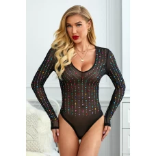 Women's Black Mesh Rainbow Iridescent Rhinestone Studded Bodysuit