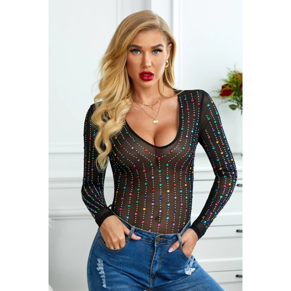 Women's Black Mesh Rainbow Iridescent Rhinestone Studded Bodysuit