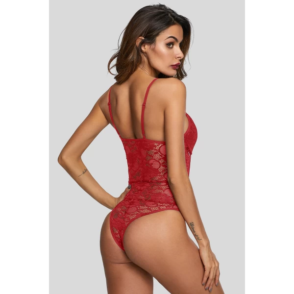 Women's Red Lace Panelled Bodysuit