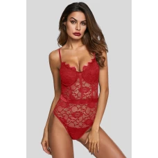Women's Red Lace Panelled Bodysuit